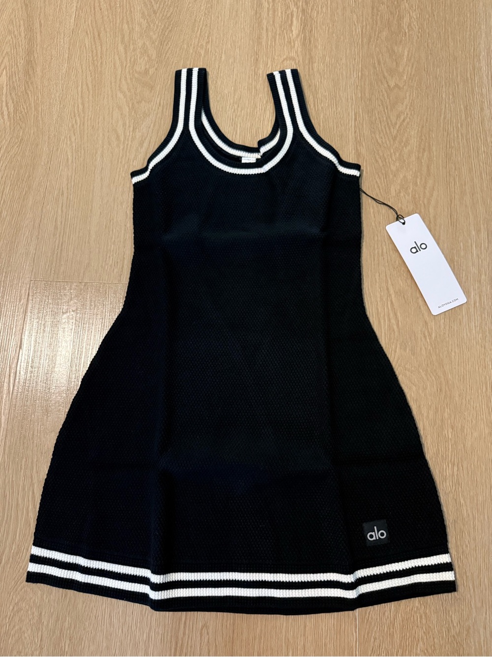 ALO Yoga Tennis Club Sweater Knit Dress with White Stripe Trim
